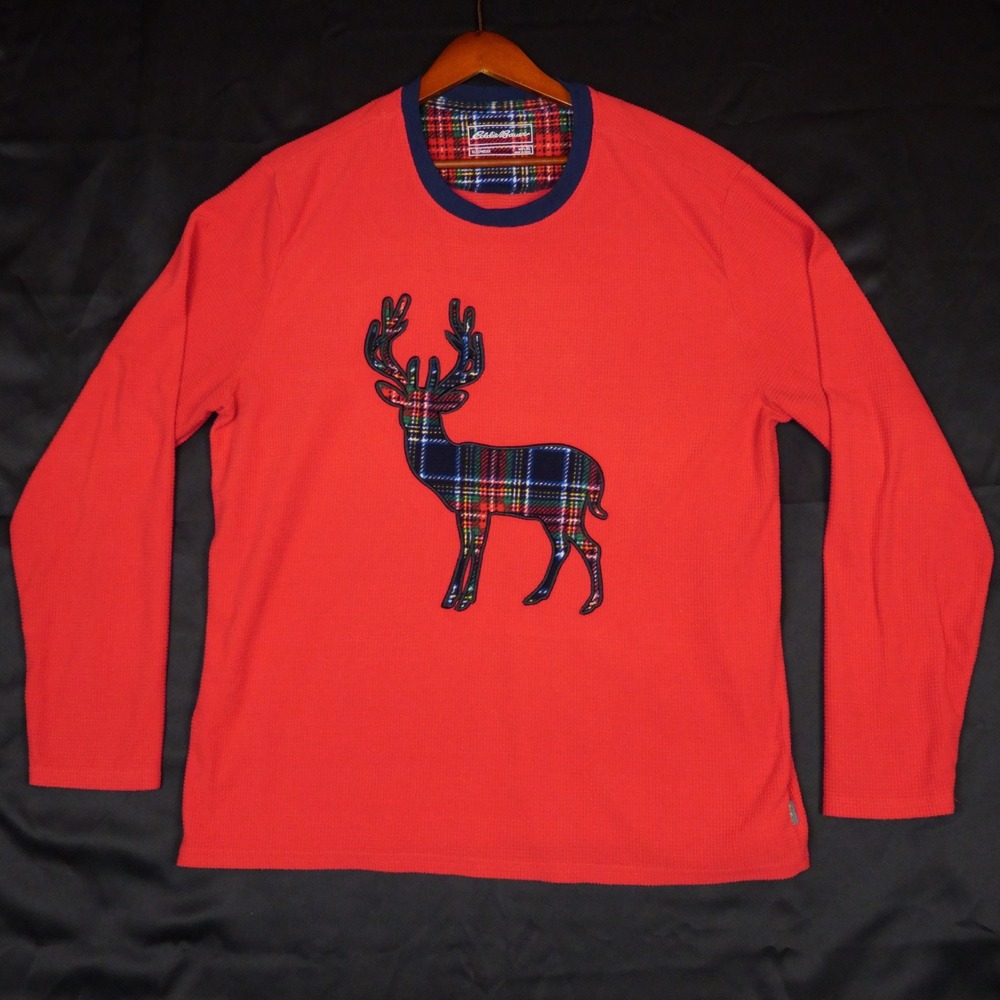 Eddie Bauer Sleepwear Mens XL Red Plaid Stag Waffle Knit Pajama Top